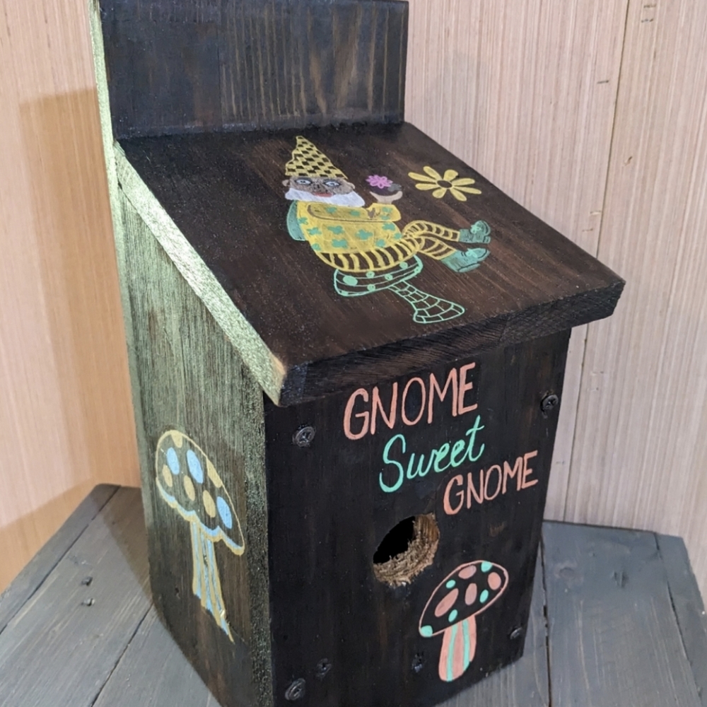 Gnome Bird House Handmade Cedar Wood Handcrafted Handpainted